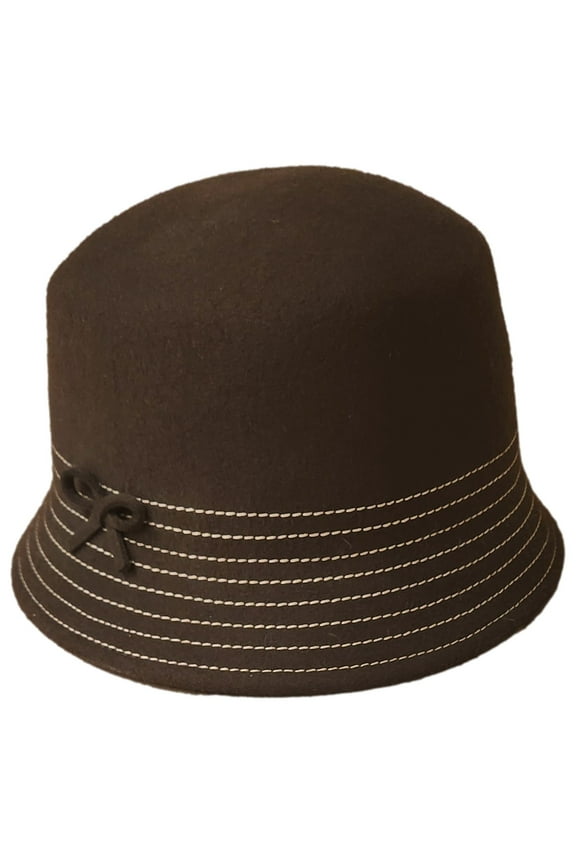 Womens Brown Wool Formed Bucket Hat Cap Tan Stitch