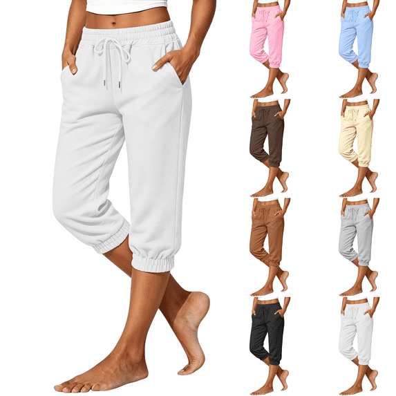 Womens Brushed Back Fleece Capri Joggers, Lightweight Lounge Sweatpants, Elastic Drawstring Waist, Cropped Running Pants for Petite, Fall Casual Loungewear