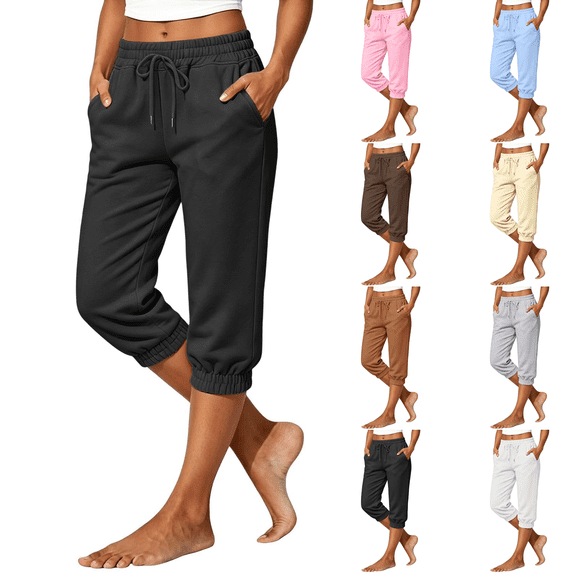 Womens Brushed Back Fleece Capri Joggers, Lightweight Lounge Sweatpants, Elastic Drawstring Waist, Cropped Running Pants for Petite, Fall Casual Loungewear