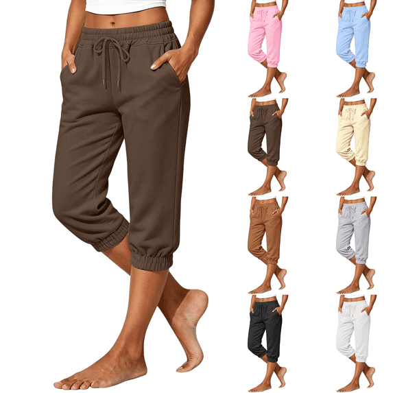 Womens Brushed Back Fleece Capri Joggers, Lightweight Lounge Sweatpants, Elastic Drawstring Waist, Cropped Running Pants for Petite, Fall Casual Loungewear