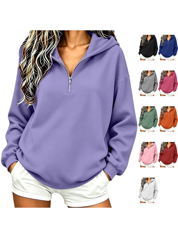 Womens Brushed Fleece Long Sleeve Oversized Hoodie Quarter Zip Drop Shoulder Hooded Sweatshirt Pullover for Fall Fashion Y2K Streetwear Daily Wear, Purple, L