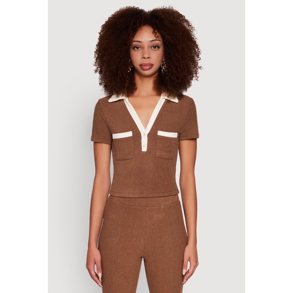 Womens Brushed Knit Contrast Trim Cropped Polo Shirt