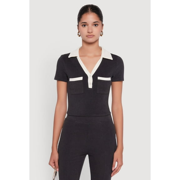 Womens Brushed Knit Contrast Trim Cropped Polo Shirt