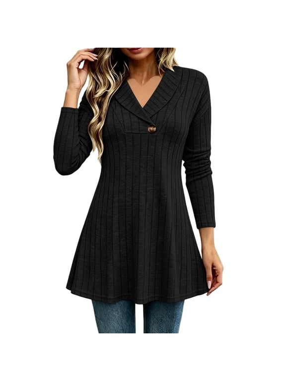 Womens Brushed Rib Knit Long Length Tops Stretchy V Neck Long Sleeve Fall Swing Tummy Control Tunic Blouse Black S