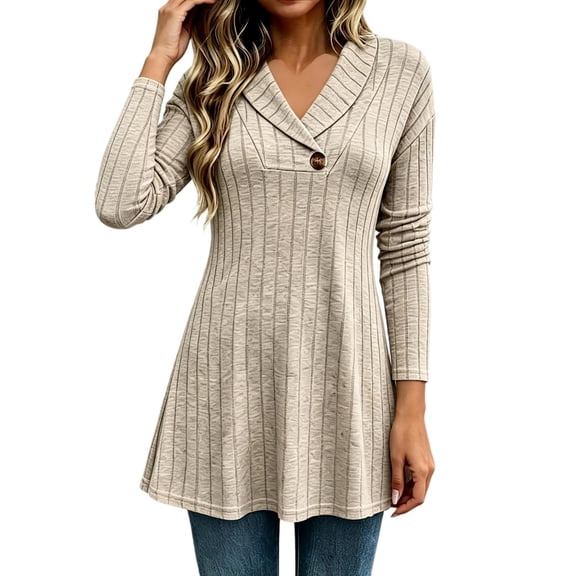 Womens Brushed Rib Knit Long Length Tops Stretchy V Neck Long Sleeve Fall Swing Tummy Control Tunic Blouse Khaki S-3XL