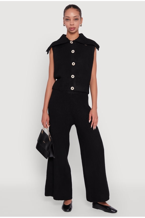 Womens Brushed Ribbed Knit Pull On Wide Leg Pants