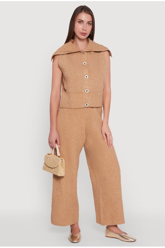 Womens Brushed Ribbed Knit Pull On Wide Leg Pants