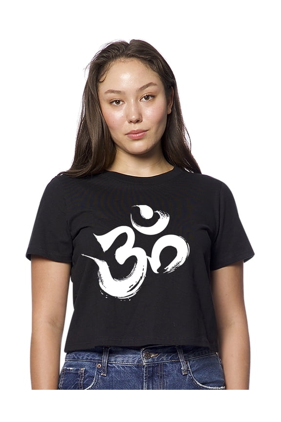 Womens Brushstroke AUM American-Made Cute Cropped Yoga Tee Shirt, XL Black