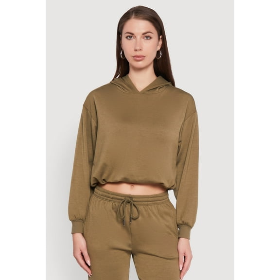 Womens Bubble Hem Fleece Lined Hooded Crop Sweatshirt