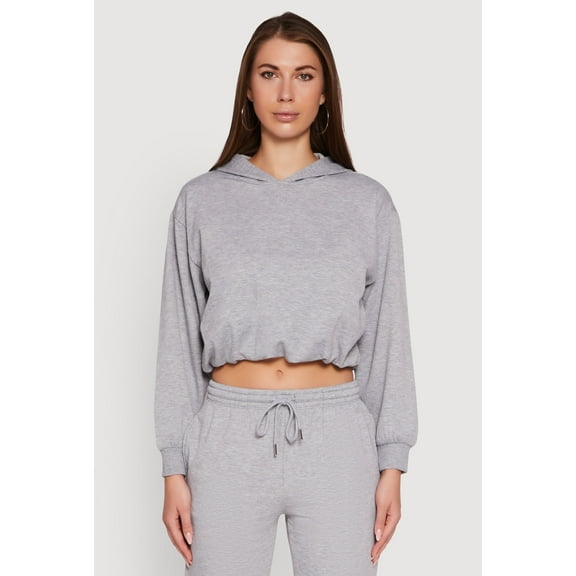 Womens Bubble Hem Fleece Lined Hooded Crop Sweatshirt