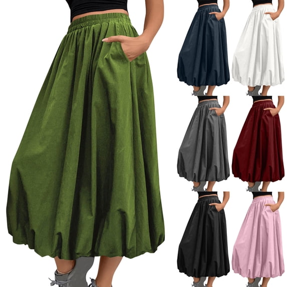 Womens Bubble Maxi Skirt Elastic Waist Puffy Hem A Line Skirt with Pockets Casual Flowy Long Skirt Summer Ruffle Skirt Summer Solid Ankle Skirt