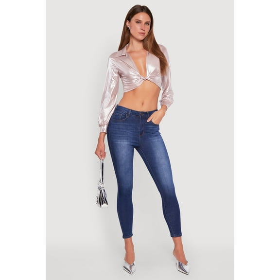 Womens Bubble Sleeve Twist Front Plunge Crop Top