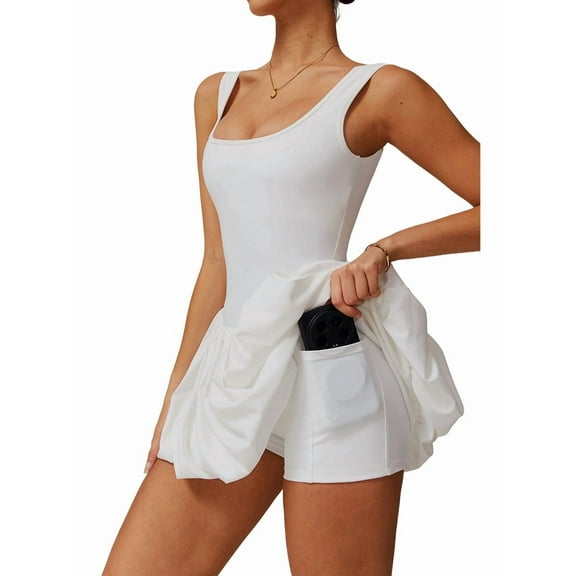 Womens Bubble Tennis Dress Squre Neck Sleeveless Workout Golf Athletic Dresses Build in Shorts with Pockets