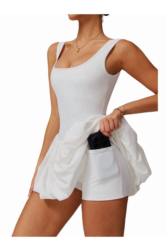 Womens Bubble Tennis Dress Squre Neck Sleeveless Workout Golf Athletic Dresses Build in Shorts with Pockets