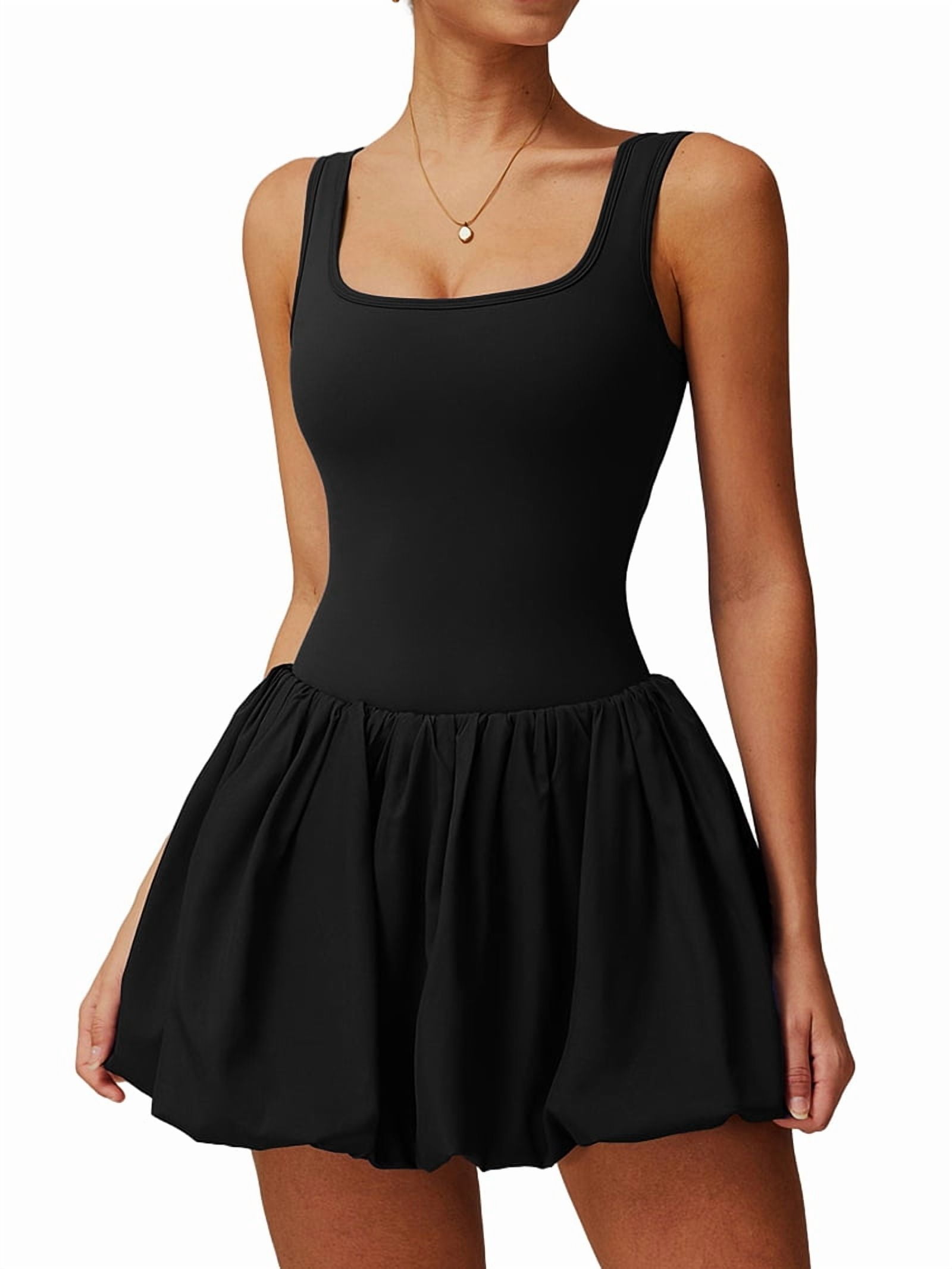 Womens Bubble Tennis Dress Squre Neck Sleeveless Workout Golf Athletic Dresses Build in Shorts with Pockets