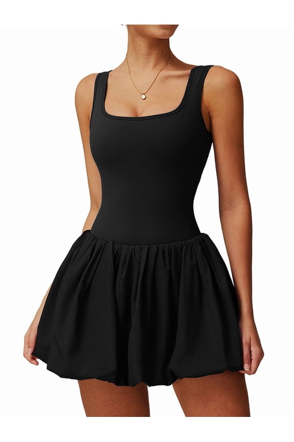 Womens Bubble Tennis Dress Squre Neck Sleeveless Workout Golf Athletic Dresses Build in Shorts with Pockets