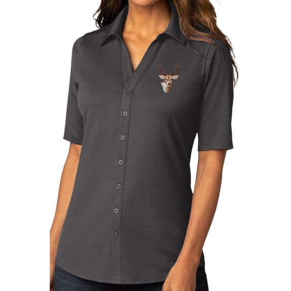 Womens Buck Deer Patch Button-Down Stretch Shirt, Large Graphite Gray