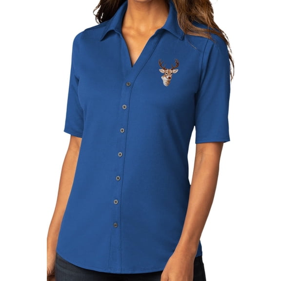 Womens Buck Deer Patch Button-Down Stretch Shirt, Medium True Blue