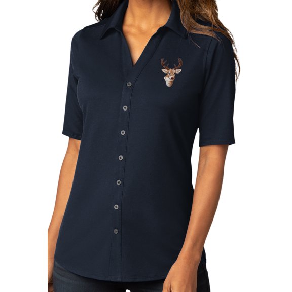 Womens Buck Deer Patch Button-Down Stretch Shirt, Small River Blue