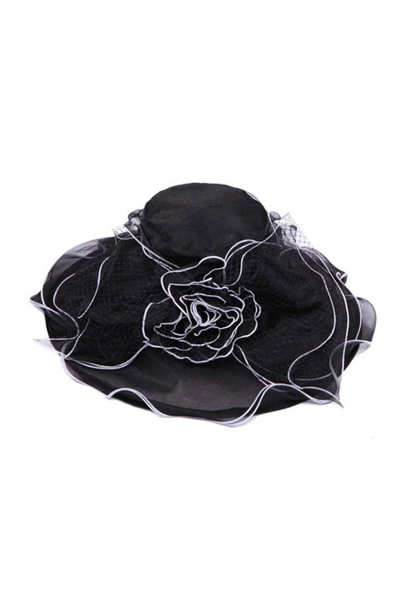 Womens Bucket Sun Hat w/ Floral Veil Bow - Black