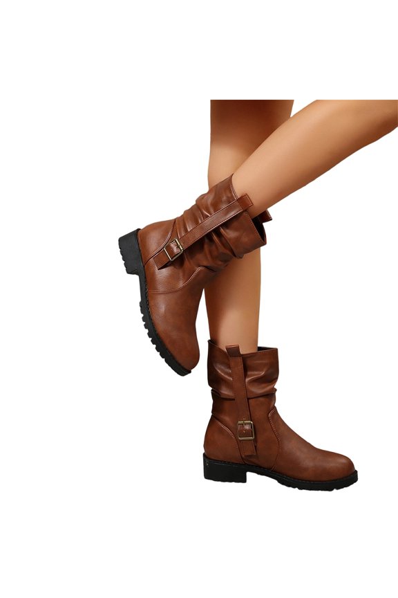 Womens Buckle Mid Calf Combat Boots Motorcycle Riding Platform Leather Lug Sole Zipper Comfortable Durable Waterproof Outer Outdoor Autumn Winter Streetwear Party Casual Walking,Brown 7