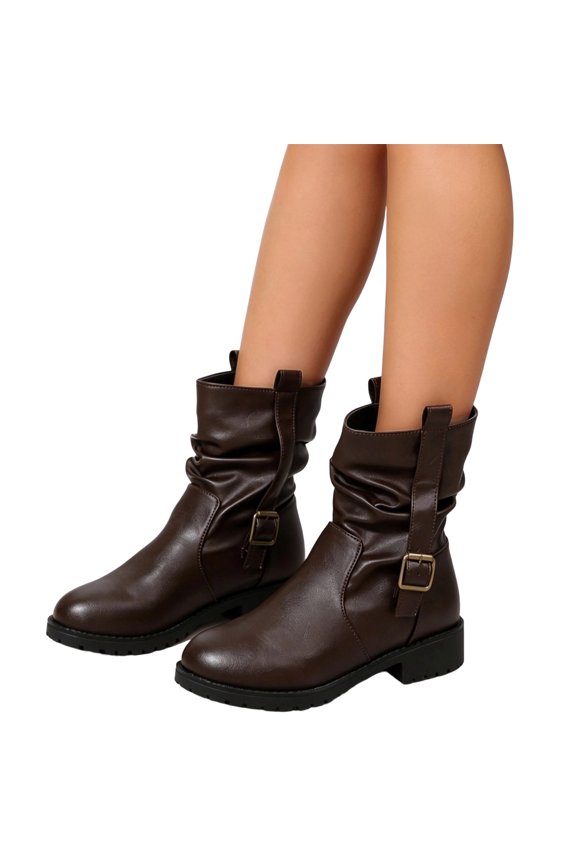 Womens Buckle Mid Calf Combat Boots Motorcycle Riding Platform Leather Lug Sole Zipper Comfortable Durable Waterproof Outer Outdoor Autumn Winter Streetwear Party Casual Walking,Coffee 7