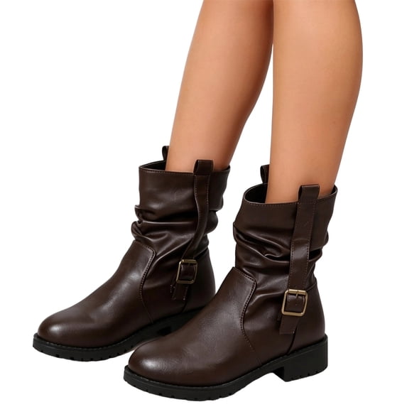 Womens Buckle Mid Calf Combat Boots Motorcycle Riding Platform Leather Lug Sole Zipper Comfortable Durable Waterproof Outer Outdoor Autumn Winter Streetwear Party Casual Walking,Coffee 6