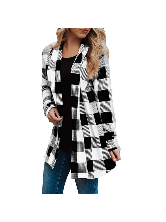 Womens Buffalo Plaid Cardigans Long Sleeve Elbow Patch Draped Open Front Cardigan Shirt Flannel Jacket Coat Cozy Knit Sweater Outwear