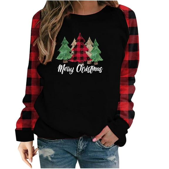 Womens Buffalo Plaid Christmas Sweatshirts Drop Shoulder Long Sleeve Christmas Tree Pullover Lightweight Shirt