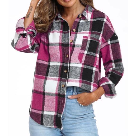 Womens Buffalo Plaid Flannel Shirt Jacket Long Sleeve Collar Button Down Blouses Classic Lightweight Tops