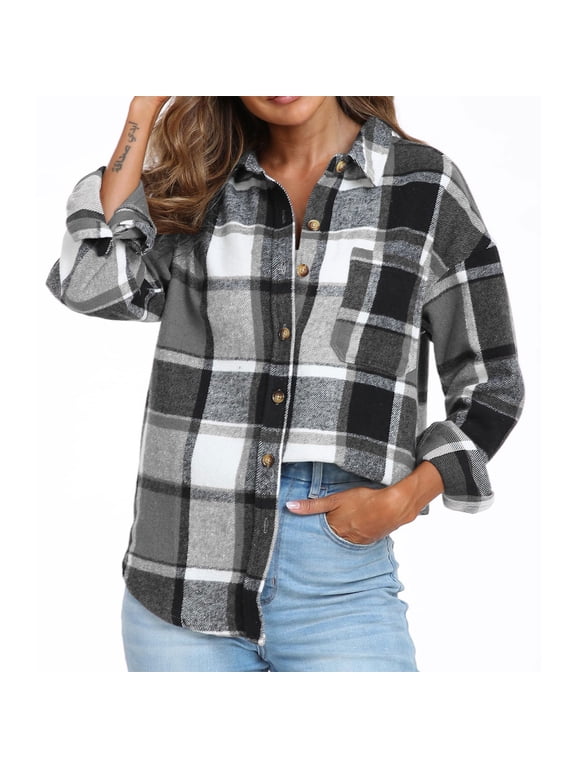 Womens Buffalo Plaid Flannel Shirt Jacket Long Sleeve Collar Button Down Blouses Classic Lightweight Tops