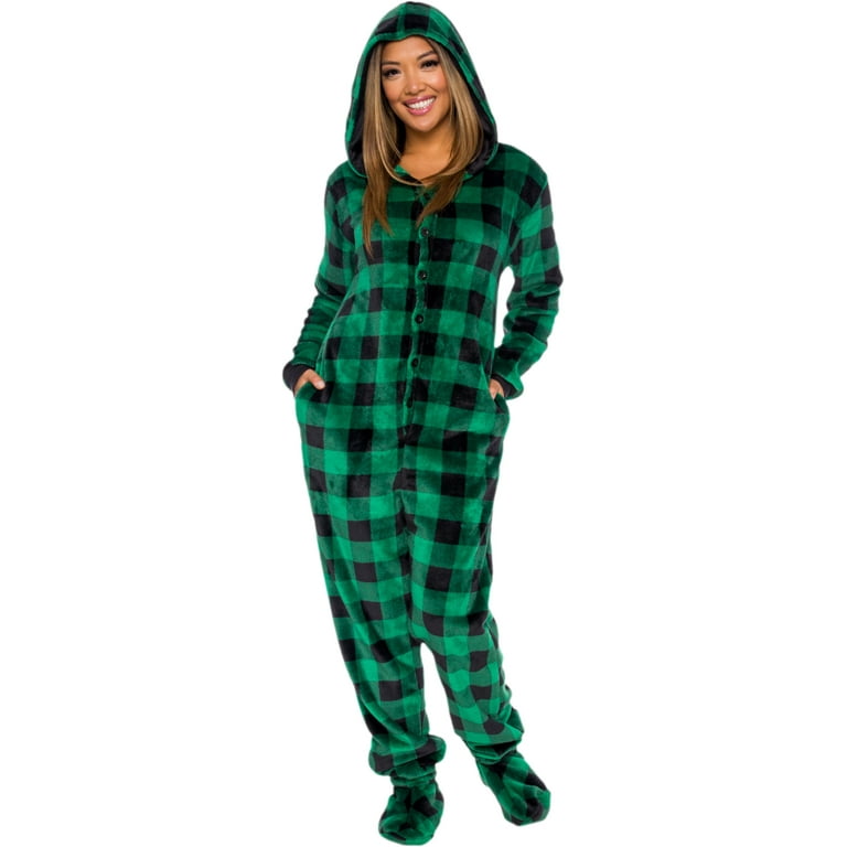 Silver Lilly Womens Hooded Buffalo Plaid One Piece Pajamas with