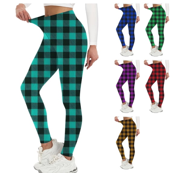 Womens Buffalo Plaid Leggings High Waisted Yoga Pants Tummy Control Stretchy Athletic Tights for Workout Running Activewear Fall, Mint Green, L