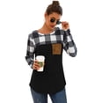 thumbnail image 1 of Womens Buffalo Plaid Neck Long Sleeve Patchwork Blouse Top Curve Hem Tunic, 1 of 2