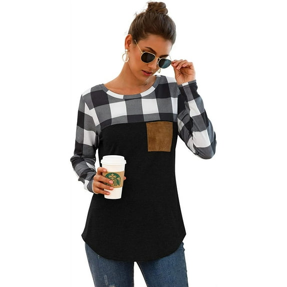 Womens Buffalo Plaid Neck Long Sleeve Patchwork Blouse Top Curve Hem Tunic