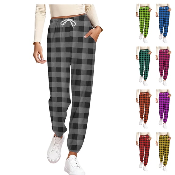 Womens Buffalo Plaid Pajama Pants Warm Brushed Bottoms High Waisted Drawstring Joggers with Pockets for Fall Winter Sleep Lounge, Gray, L