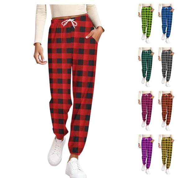 Womens Buffalo Plaid Pajama Pants Warm Brushed Bottoms High Waisted Drawstring Joggers with Pockets for Fall Winter Sleep Lounge, Red, XXL