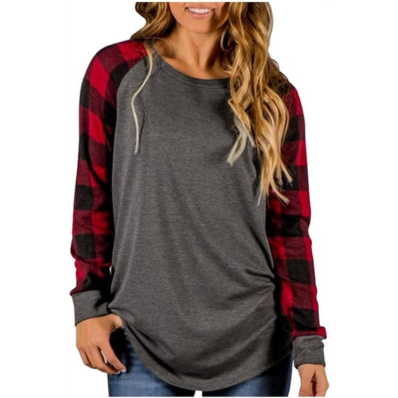 Womens Buffalo Plaid Shirts Round Neck Pattern Raglan Pullover Long Sleeve Tops
