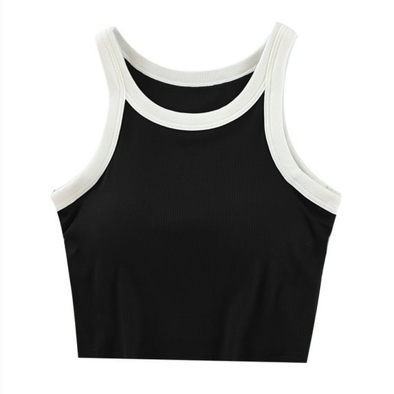 Womens Built-in Bra Halter Camisoles 2024 Summer Colorblock Tank Crop Tops Padded Casual Sleeveless Vest Shirts