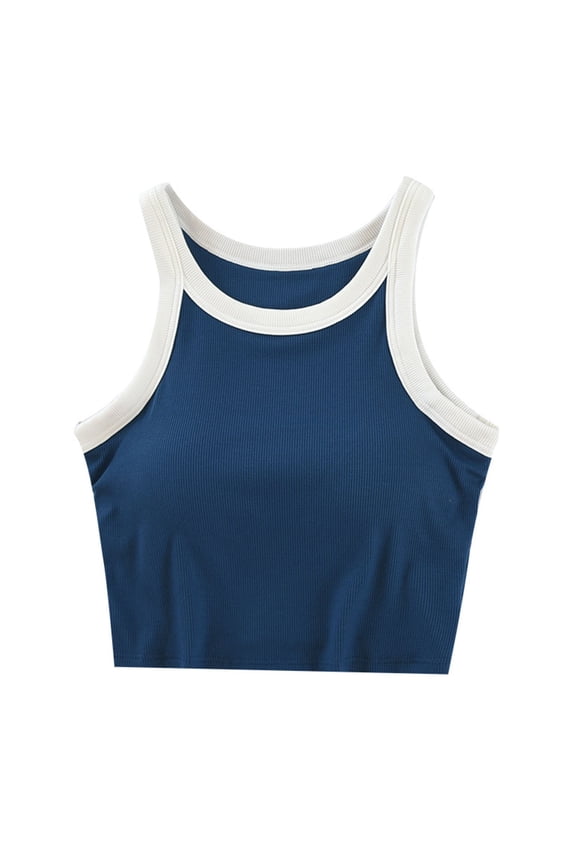 Womens Built-in Bra Halter Camisoles 2024 Summer Colorblock Tank Crop Tops Padded Casual Sleeveless Vest Shirts