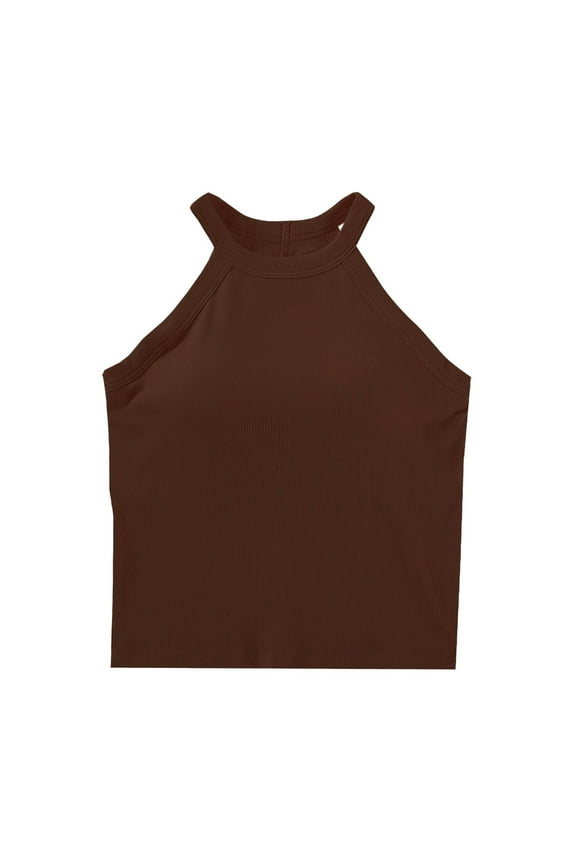 Womens Built-in Bra Halter Camisoles 2024 Summer Padded Workout Tank Crop Tops Casual Solid Sleeveless Sports Shirts