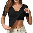 thumbnail image 1 of Womens Built-in Bra T Shirt Top Short Sleeve V Neck Basic Tees Casual Ribbed Knit Fitted Going Out Tops, 1 of 5