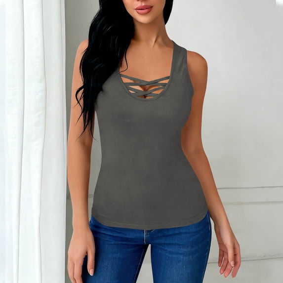 Womens Built in Bra Tank Tops, Slim Fitting V-Neck Sleeveless Summer Basic Tops for Sports Casual Long Flowy Tank Tops for Women Gray L