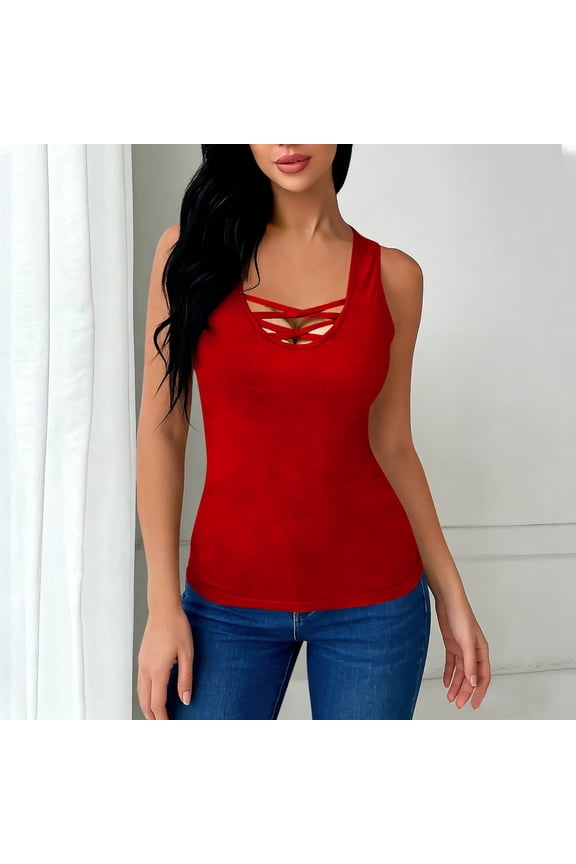 Womens Built in Bra Tank Tops, Slim Fitting V-Neck Sleeveless Summer Basic Tops for Sports Casual Red S
