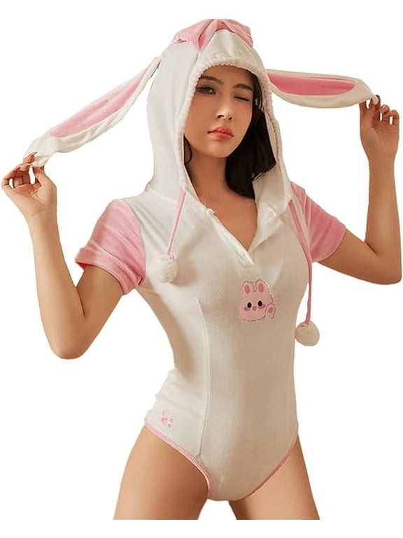 Womens Bunny Outfit Anime Lingerie Japanese Cute Hoodie Bodysuit
