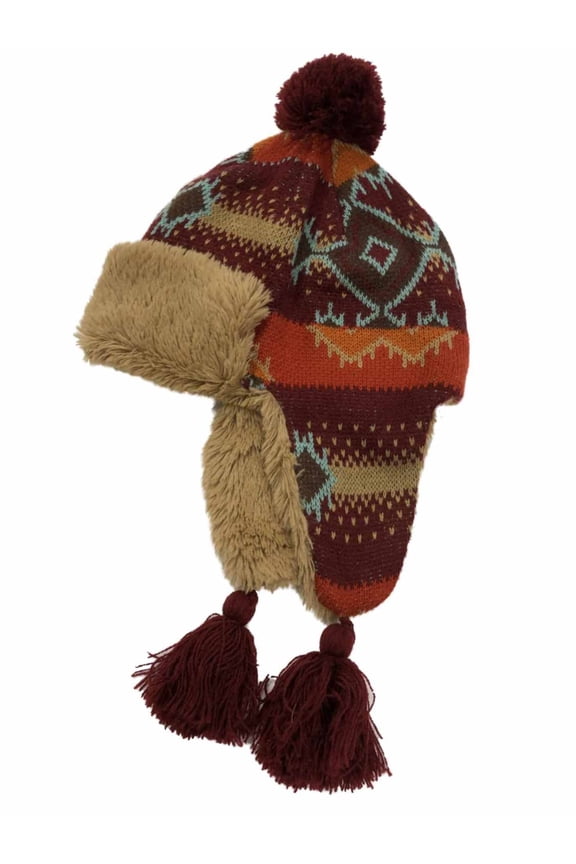 Womens Burgundy Brown & Orange Aztec Knit & Faux Fur Peruvian Aviatior Hat