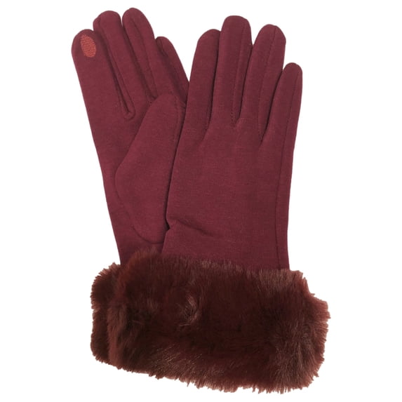 Womens Burgundy Faux Fur Stretch Fit Texting & Tech Touchscreen Gloves