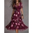 thumbnail image 1 of Womens Burgundy Floral Print V-Neck Short Sleeve Midi Dress, 1 of 7