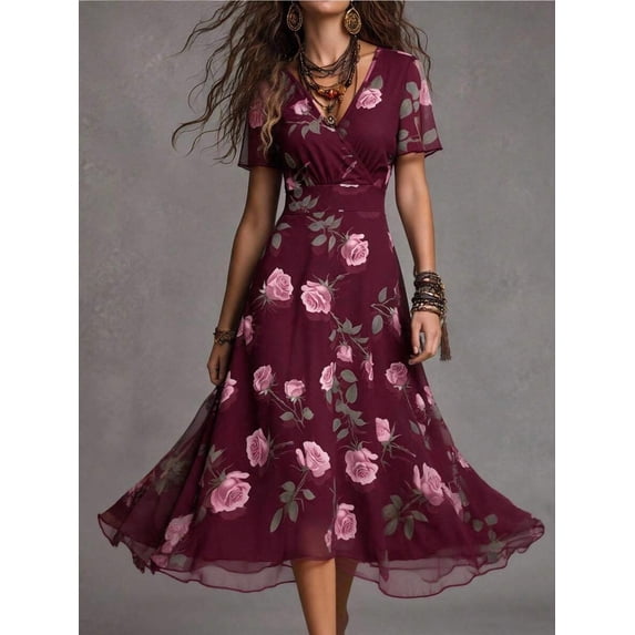 Womens Burgundy Floral Print V-Neck Short Sleeve Midi Dress