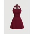 thumbnail image 1 of Womens Burgundy Halter Neck Ruched Waist A-Line Mini Dress, 1 of 5